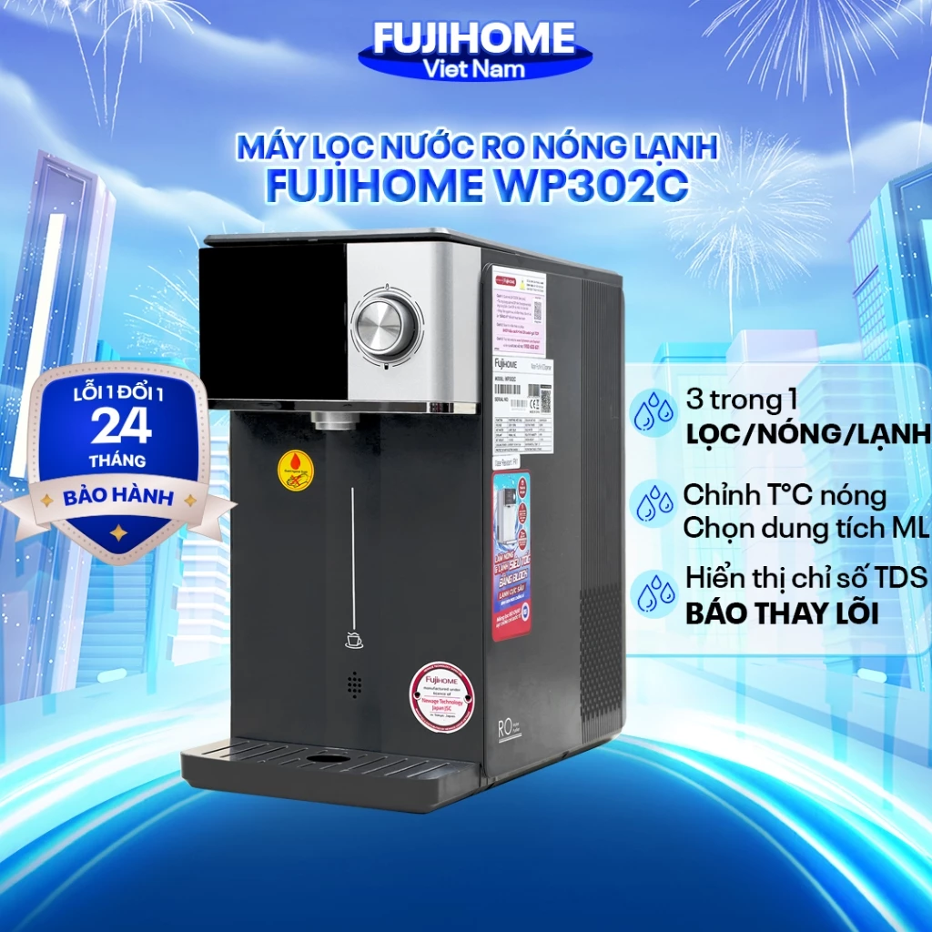 Máy lọc nước RO làm nóng lạnh 2 lõi lọc khử khuẩn UV Fujihome WP302C Nhập khẩu, chọn nhiệt độ nóng có cảnh báo thay lõi