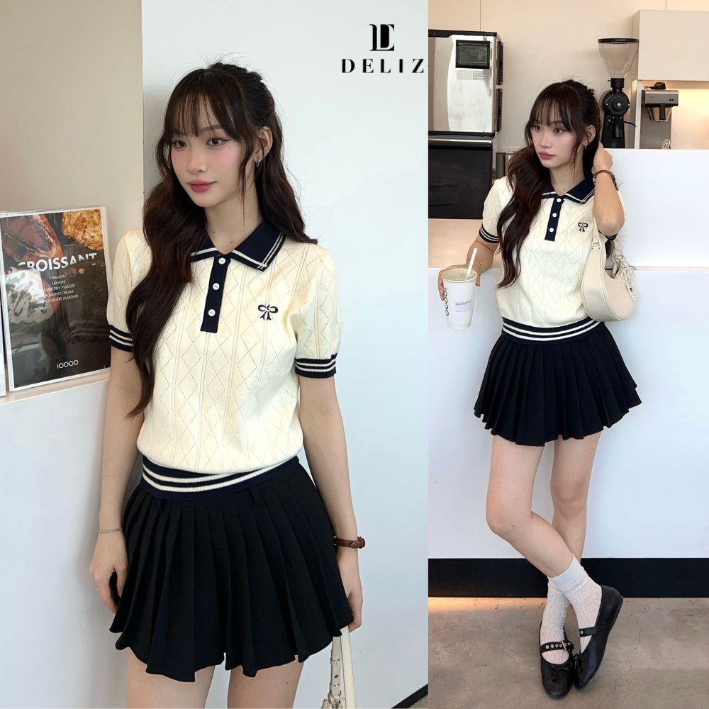 Áo len ngắn tay phối cổ polo chất len lông thỏ dệt trám crop bề mặt tiểu thư…