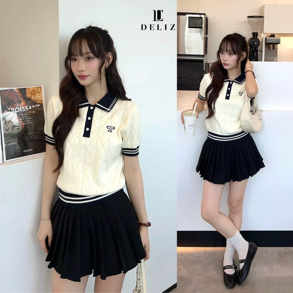 Áo len ngắn tay phối cổ polo chất len lông thỏ dệt trám crop bề mặt tiểu thư công sở PL22 DELIZ 300G