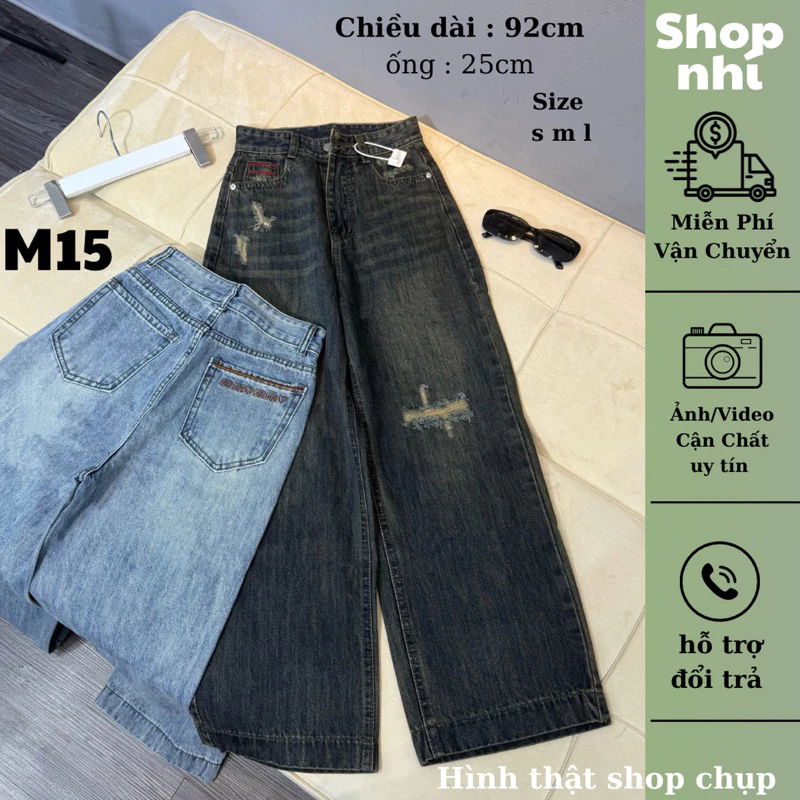 Quần Jean Nữ  Suông Rông Nấm Thêu Nơ dài 92cm QC .jean  ko giãn ( S01 - Quần suông nấm ) 861
