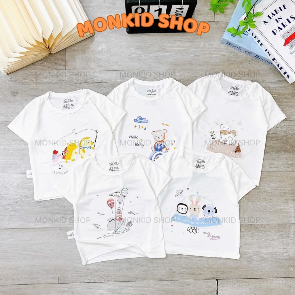 Combo 3/5 Áo Cộc Trắng Cài Vai In Hình Dễ Thương Cho Bé Trai, Bé Gái 4-14kg