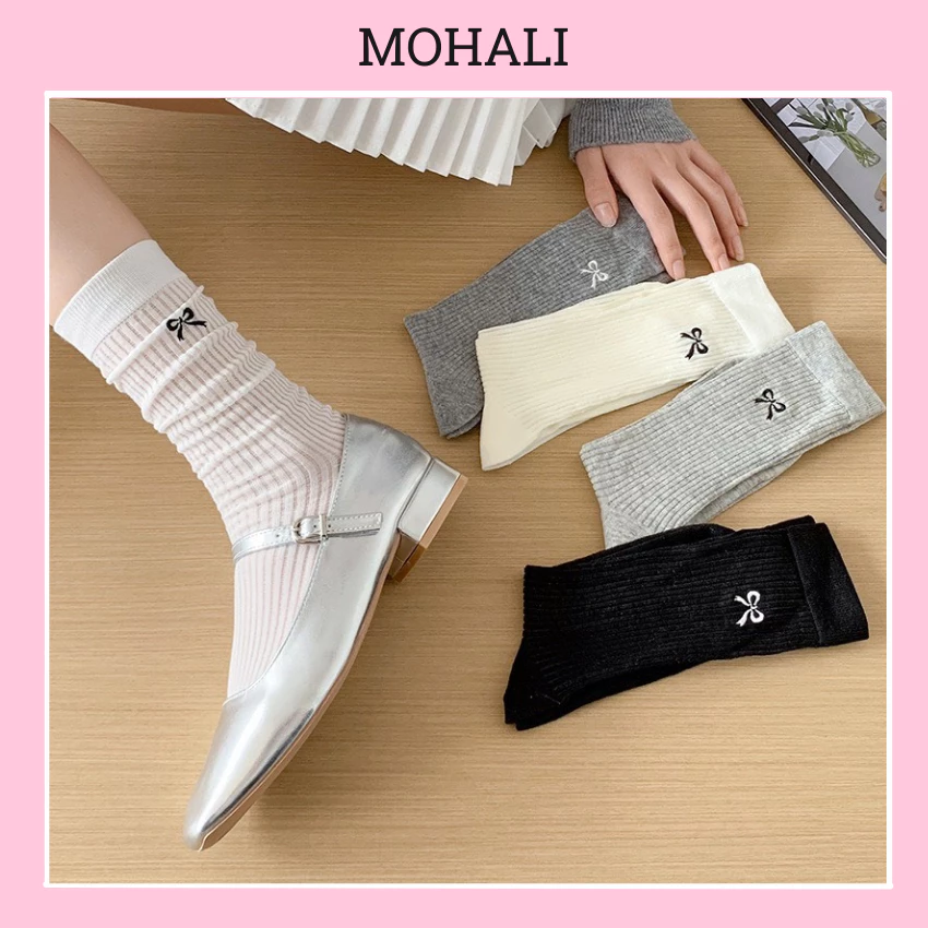 Tất vớ cổ cao lolita thêu nơ điều chỉnh được độ cao cotton ren mềm mịn co giãn tốt MOHALISOCKS VC014