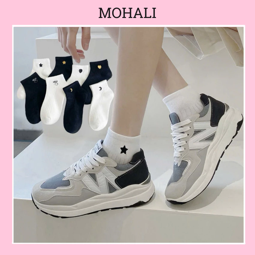 Set 4 đôi tất cổ ngắn nam nữ vớ icon thêu đen trắng cổ thấp chất liệu cotton dày dặn kháng khuẩn MOHALI VN014