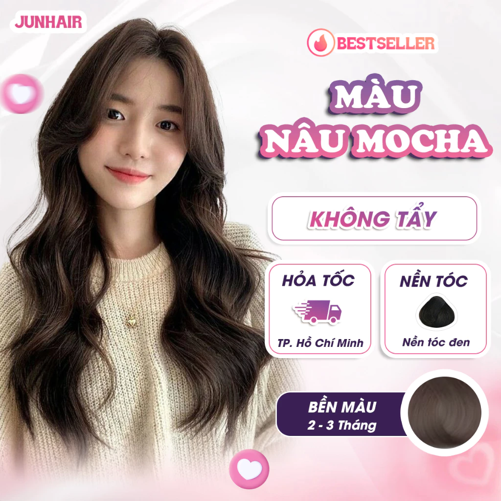 Thuốc nhuộm tóc màu Nâu, Thuốc nhuộm tóc màu Nâu Mocha, Không tẩy Junhair, tặng kèm oxi trợ dưỡng bao tay mũ