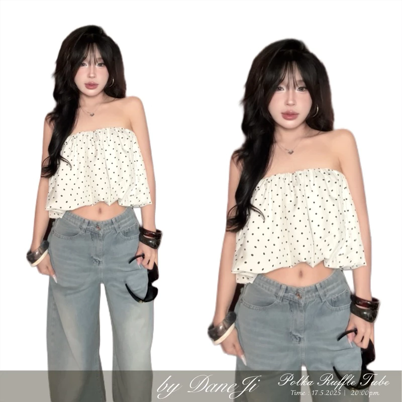 [ 𝐏𝐎𝐋𝐊𝐀 𝐑𝐔𝐅𝐅𝐋𝐄 𝐓𝐔𝐁𝐄 ] - Áo quây thiết kế babydoll chấm bi DANEJI , dáng crop tuỳ chỉnh, phồng bo chun