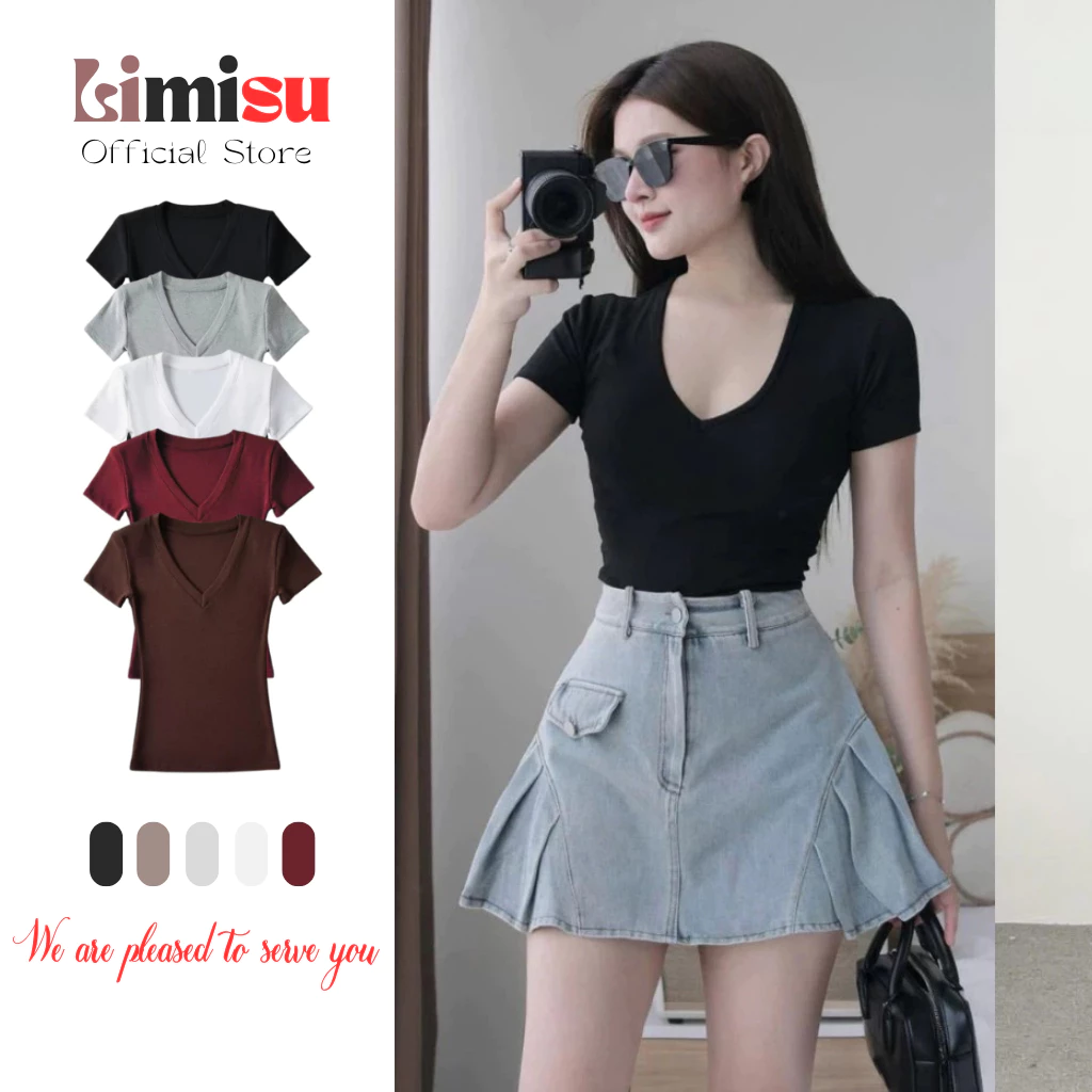 Áo Thun Cộc Tay Cổ Tim Nữ Chất Cotton Mềm Mại LIMISU, Áo Thun Trơn Cổ V Bassic