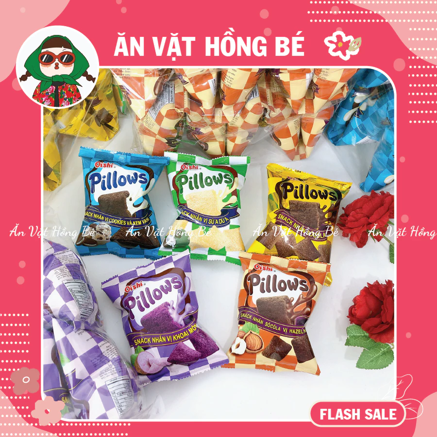 [BỊCH 10 GÓI] Snack Pillows Oishi Nhân Sữa Dừa - Socola - Kem Vani (Gói 14G)