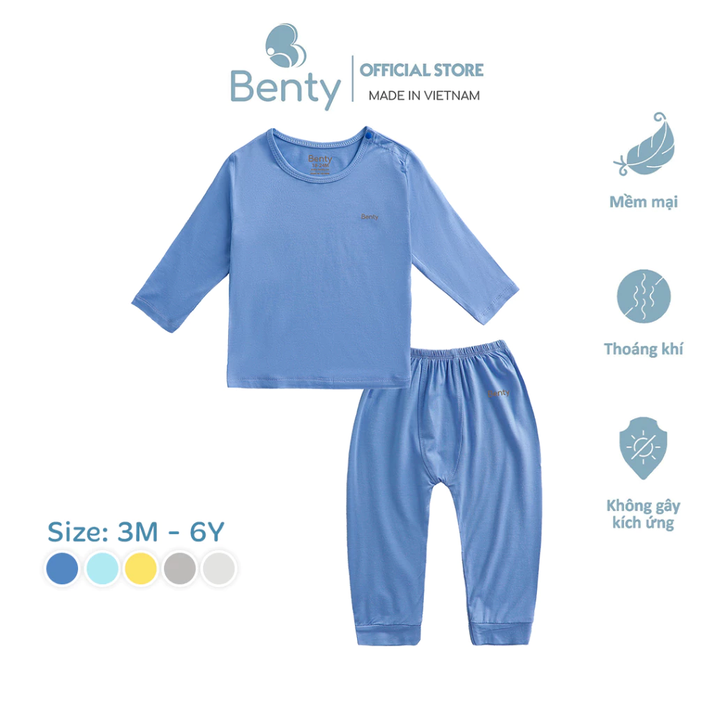 Bộ dài tay cài vai trơn basic BENTY form unisex cho bé trai bé gái, quần áo cao cấp mềm, mịn, mát
