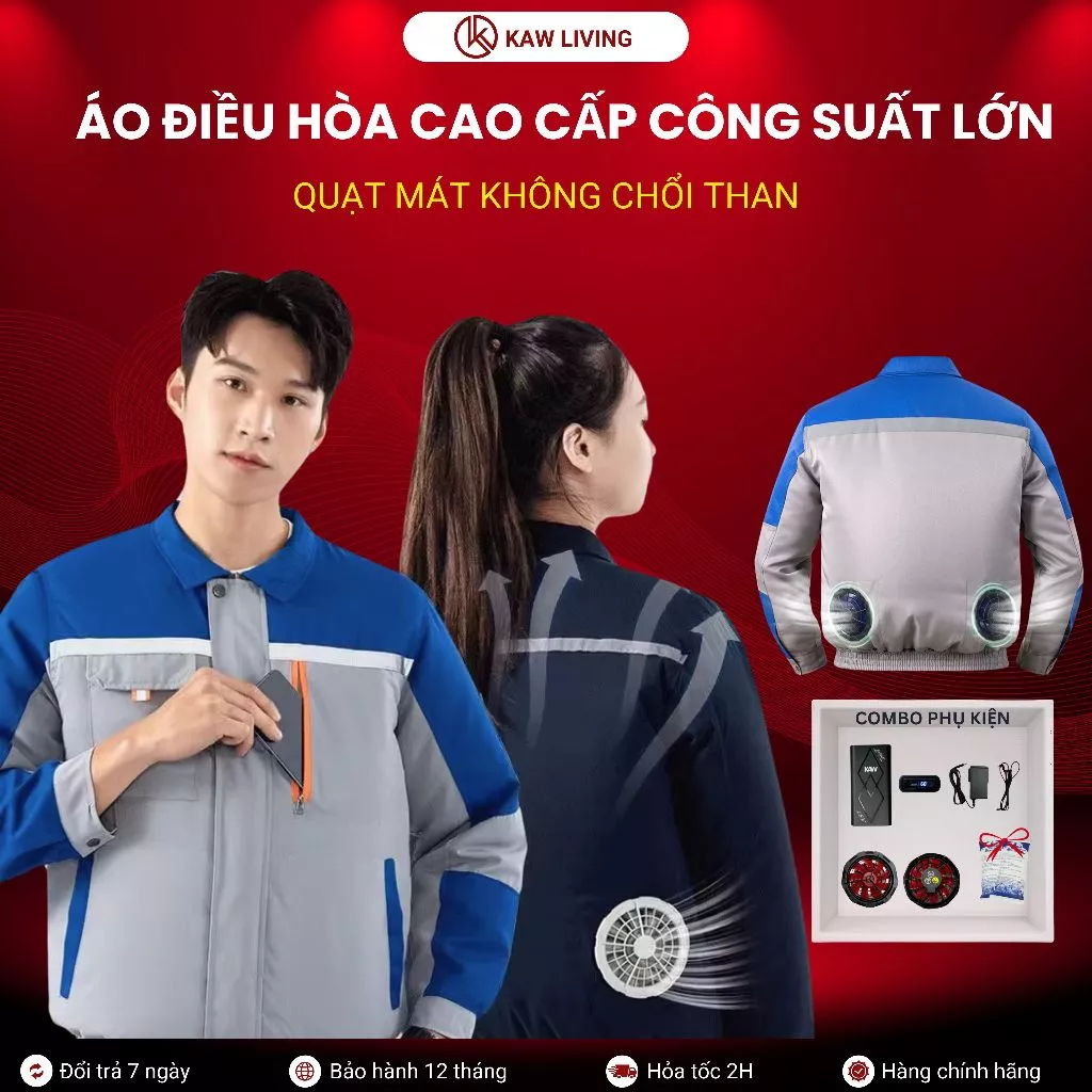 Áo điều hòa bảo hộ lao động cao cấp KAW, Quạt làm mát công suất lớn Pin trâu 12H Chống UV Chống Nóng