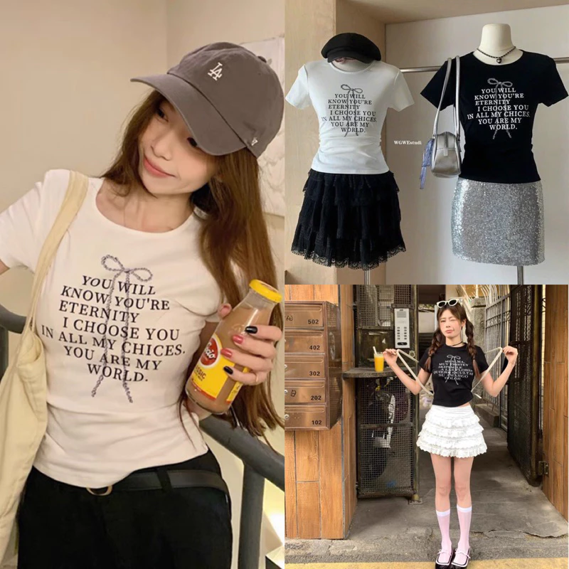 Áo Thun WGWE 8397 Áo Thun Form Tôn Dáng Chữ Nhỏ Đính Nơ Xinh Màu Đen Trắng