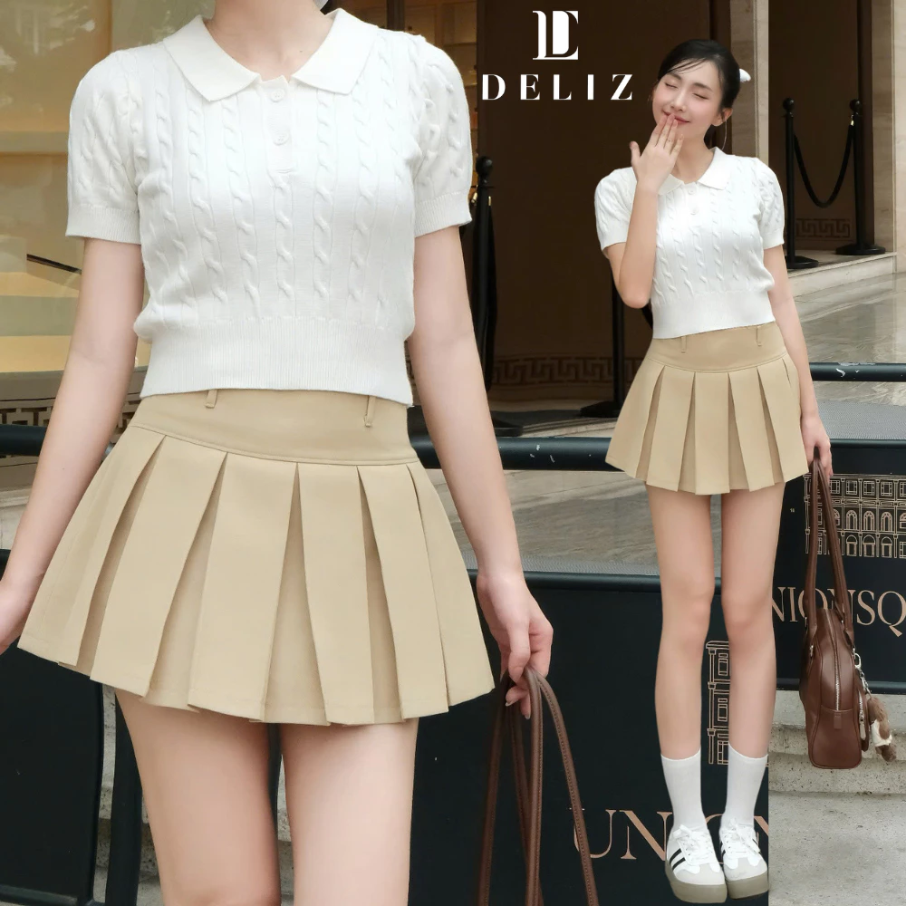 Chân váy xếp ly ngắn form xòe chất kaki hàn cạp cao tôn dáng xếp li to basic thiết kế CV32 DELIZ