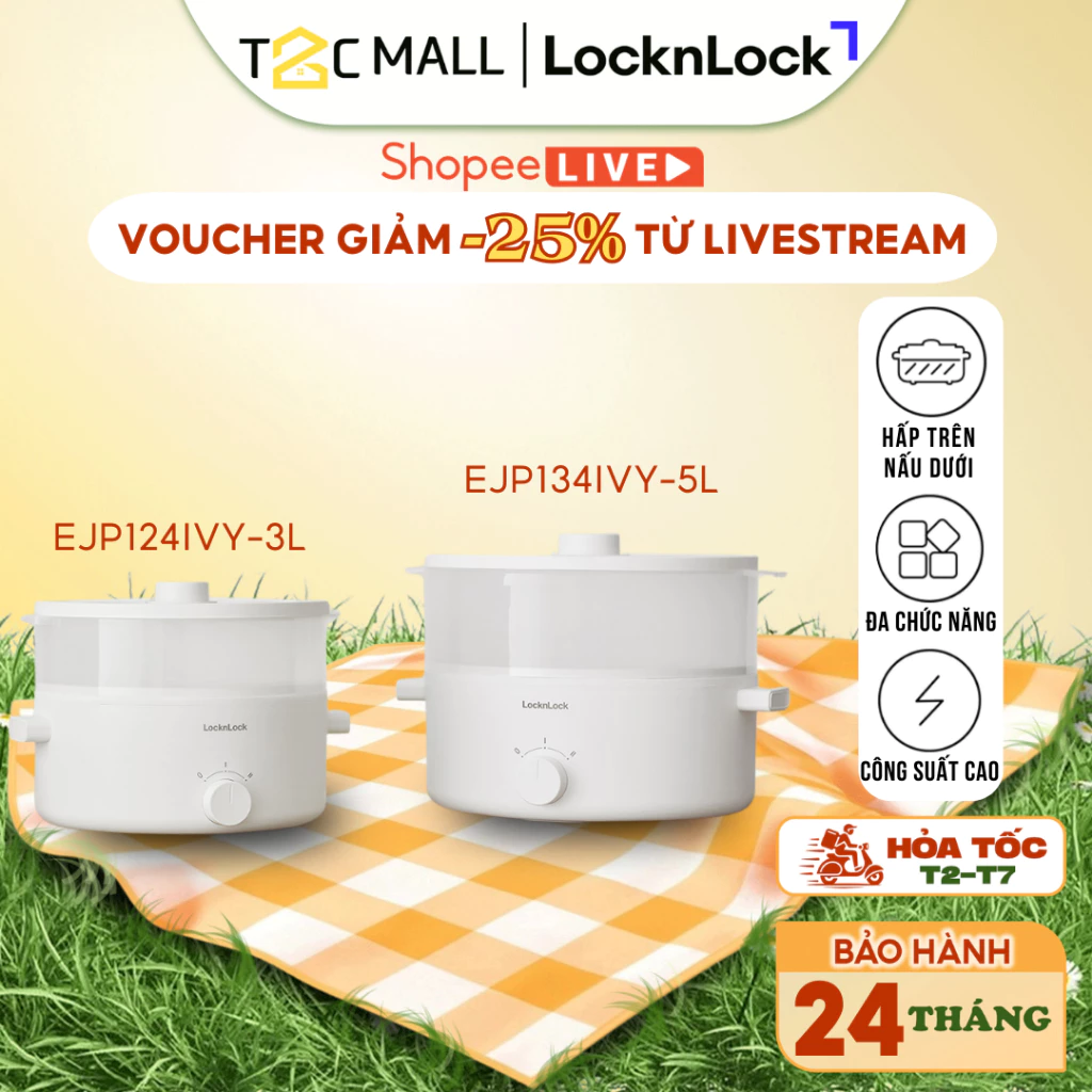 Nồi Lẩu Điện Đa Năng LocknLock, Nồi Hấp Nấu Điện 2 Tầng EJP124IVY (3L), EJP134IVY (5L) - T2C Mall