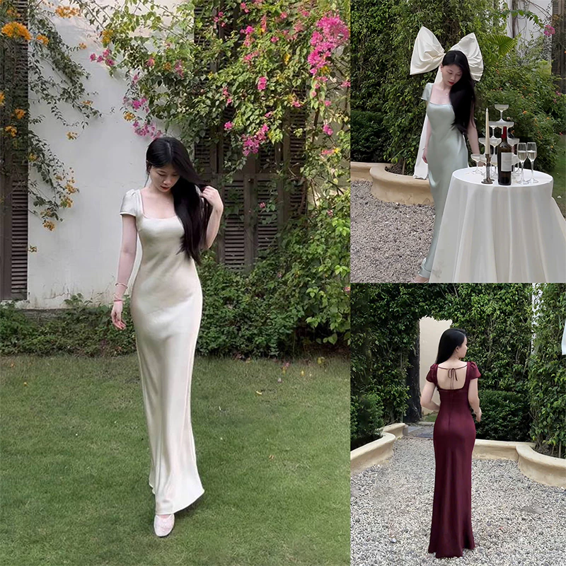 Đầm Lụa Cổ Vuông Có Tay Nhẹ Nhàng 1 Lớp Không Mút Không Dây Kéo Form Dài Dự Tiệc,Váy Lụa Queen Óng Ánh Sang Chảnh