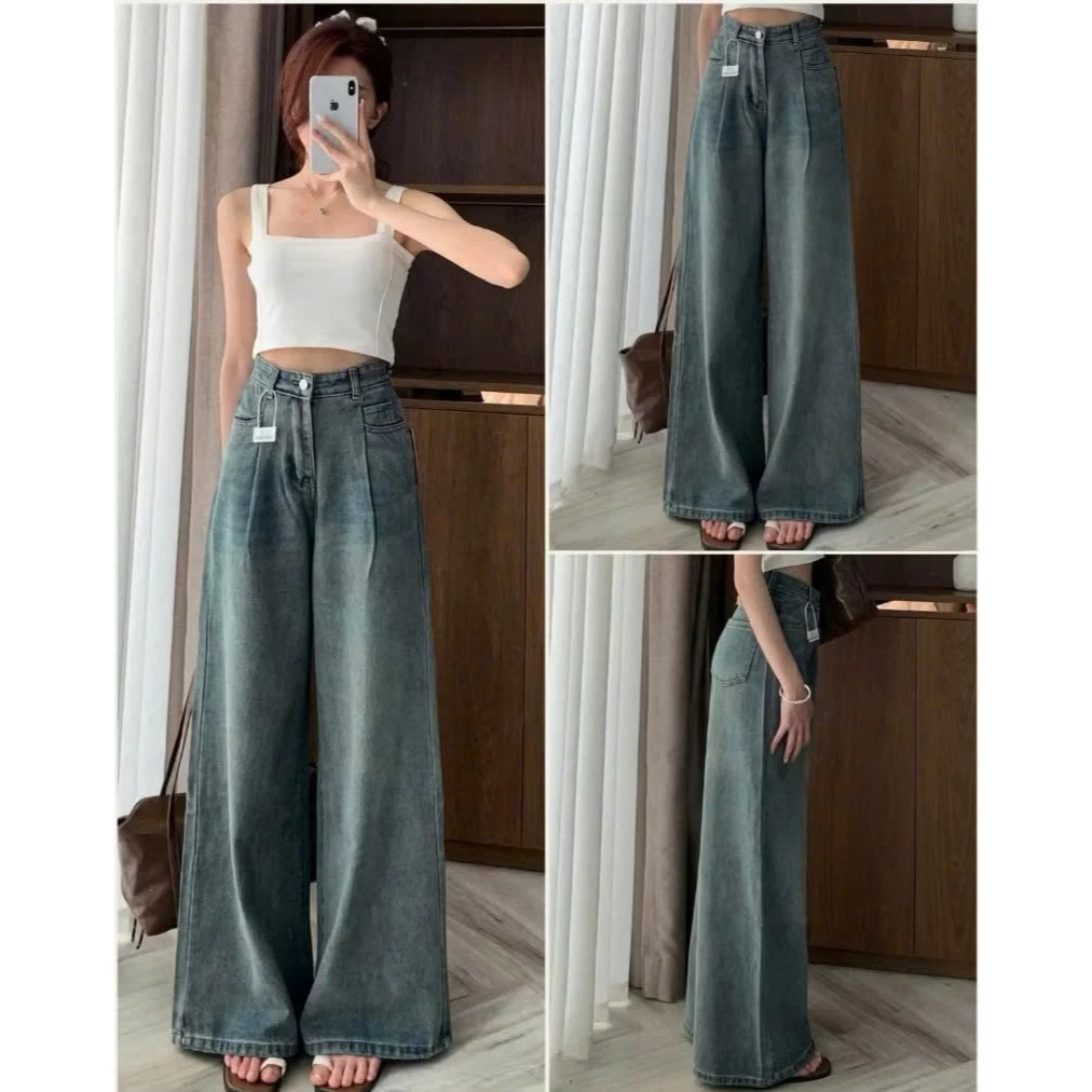Quần jeans ống rộng nữ Chiết ly Màu xanh đậm cá tính - Phong cách Ulzzang Hàn Quốc - Women