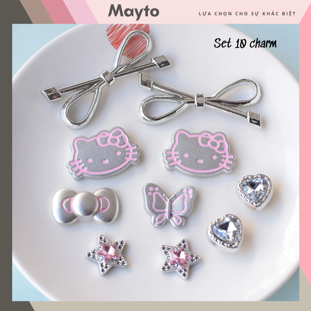 Bộ 10 Sticker, Charm 3D chủ đề Mèo nơ bạc nhựa cứng gắn Dép Sục, Cá Sấu MayTo JB-331