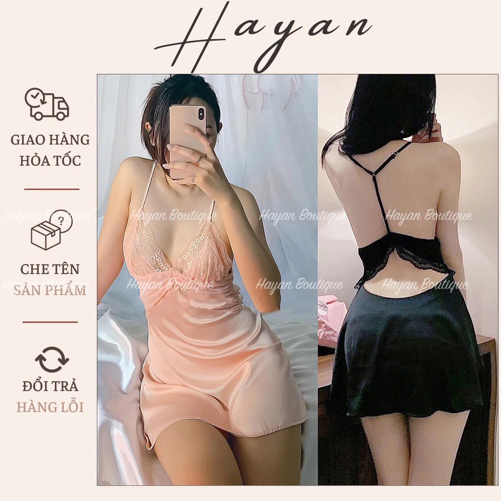 HT8 Váy ngủ sexy lụa xẻ ngực dáng xuông tôn dáng,Đồ ngủ phối ren cổ yếm hở lưng gợi cảm HT8