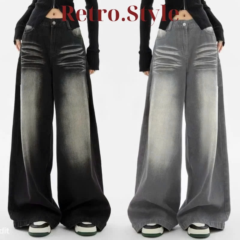 Quần Jeans Nữ Ống Đứng Dáng Suông RETRO Style Màu Khói Cạp Trễ Cổ Điển SMOKE LOOSE PLEAT WIDE JEANS