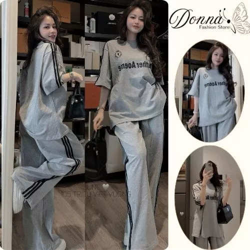 đồ bộ nữ, áo thun form rộng cộc tay phối quần suông màu ghi nhạt in chữ nổi trẻ trung Donna hcom25274