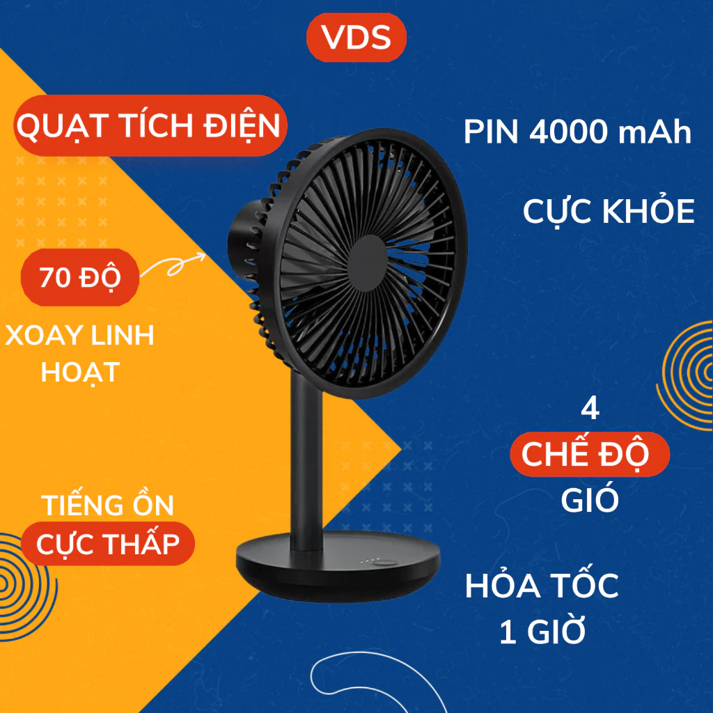 Quạt tích điện mini để bàn JP-F05 Pin 4000mAh lên tới 12H, Công Suất 5W, Động Cơ Không Chổi Than