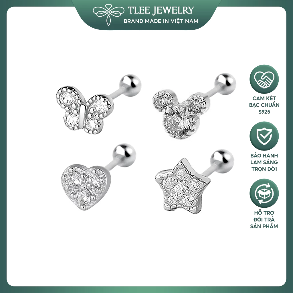 Khuyên tai bạc nữ TLEE dáng xỏ nhiều hình mặt đính đá chốt ren bi TLEE JEWELRY B0557