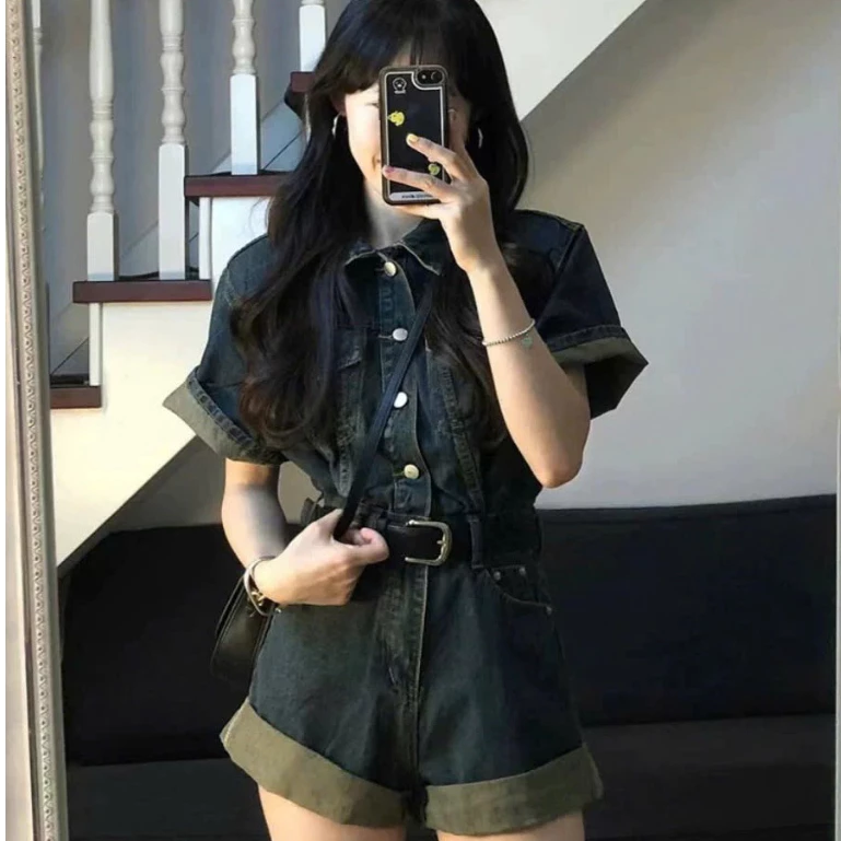 Set bộ jean áo cổ sơ mi liền quần mẫu mới , Jum denim phong cách Hàn quốc dễ mặc dễ phối đồ (HC4)