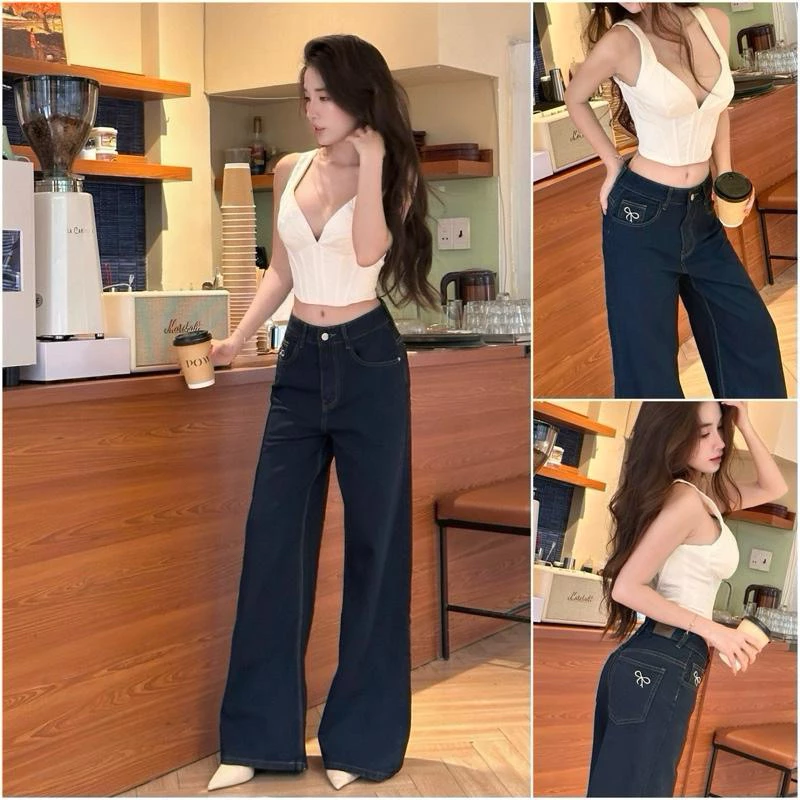 MYUN - Quần Jean Nữ đáy ngắn Ống Rộng Loe 34cmThêu Nơ, Quần Bò Loe Cạp Trễ Denim Xanh Đen JL0003
