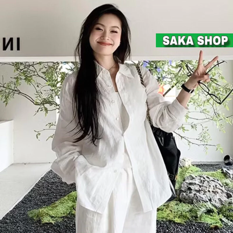 Áo sơ mi from rộng đũi lụa dài tay nữ phong cách Hàn Quốc