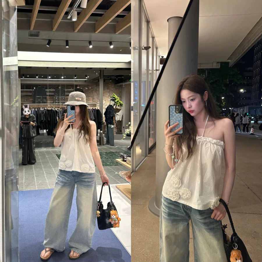 Áo 2 Dây Babydoll Phối Hoa, Áo Cúp Ngực Dây Cổ Yếm Màu Trắng Sang Chảnh Dễ Phối Đồ Cho Nàng Đi Chơi, Đi Tiệc Đều Xinh