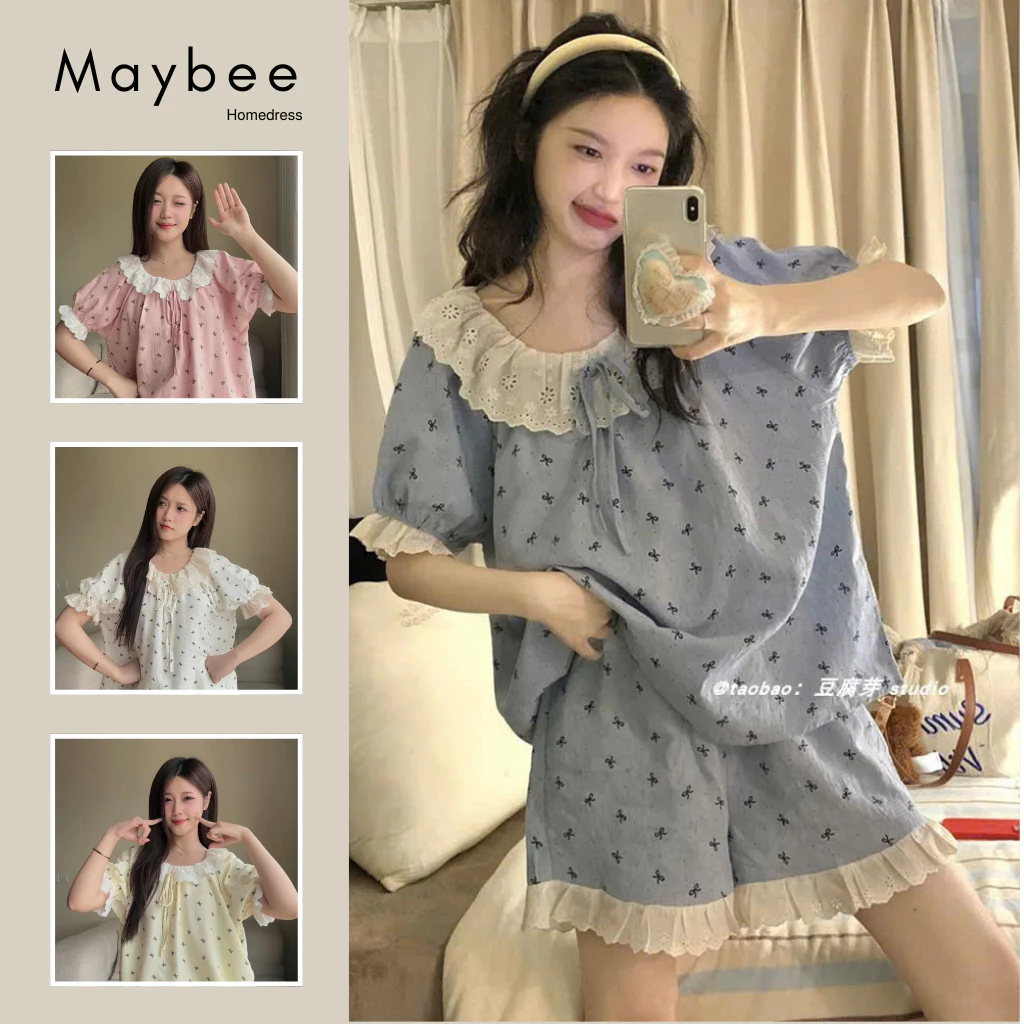 Set đồ ngủ ngắn tay phối ren họa tiết nơ Maybee Homdress