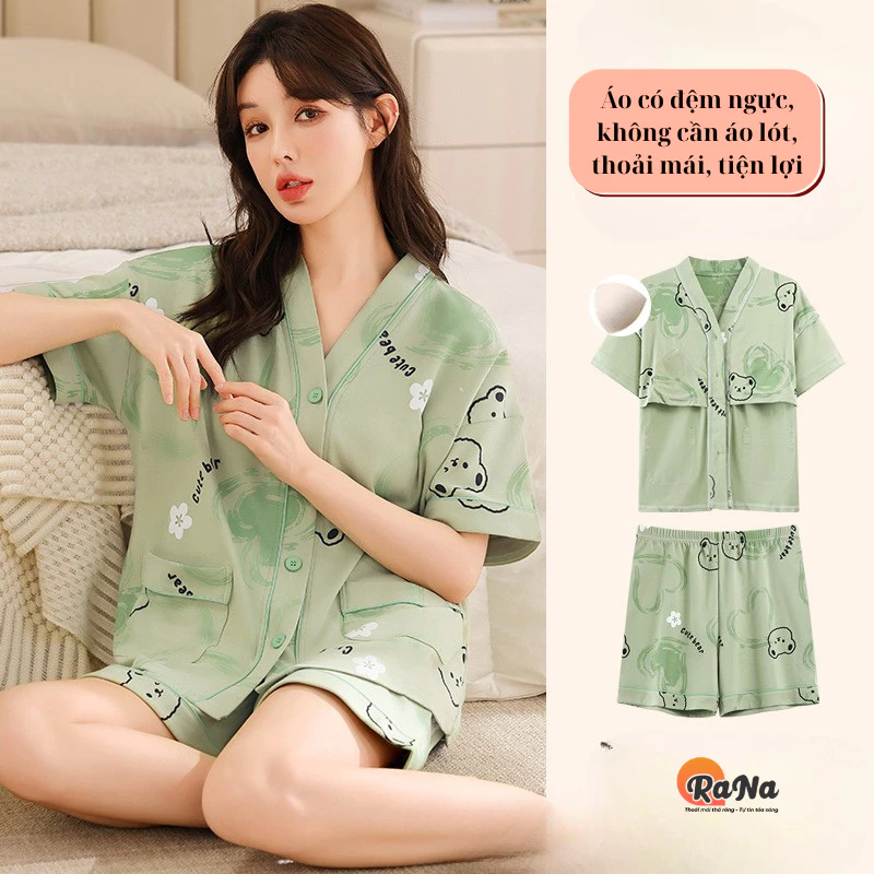 Bộ ngủ pyjama cotton RaNa tay ngắn có đệm ngực bộ thả rông tiện lợi thoải mái mặc ở nhà hay ra ngoài