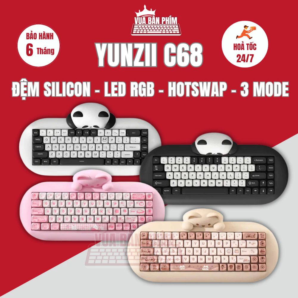 [Hàng Sẵn] Bàn phím cơ Yunzii C68 | yunzii c68 không dây đệm silicon panda dễ thương mạch xuôi, keycap pbt doubleshot