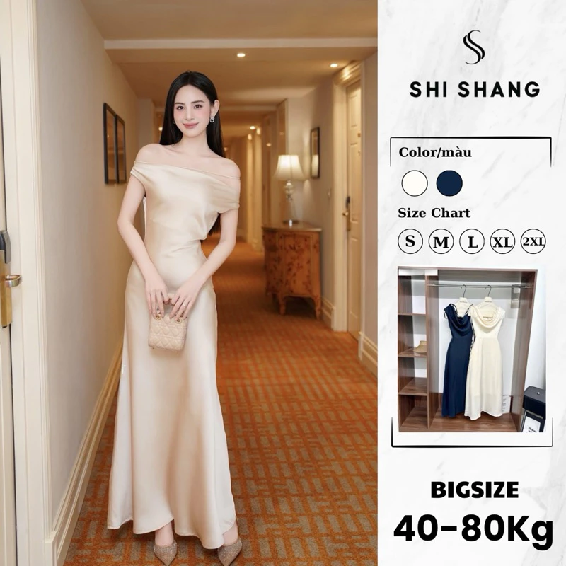 Váy lụa trễ vai dây cổ sang chảnh, Đầm dự tiệc dáng dài Shi Shang