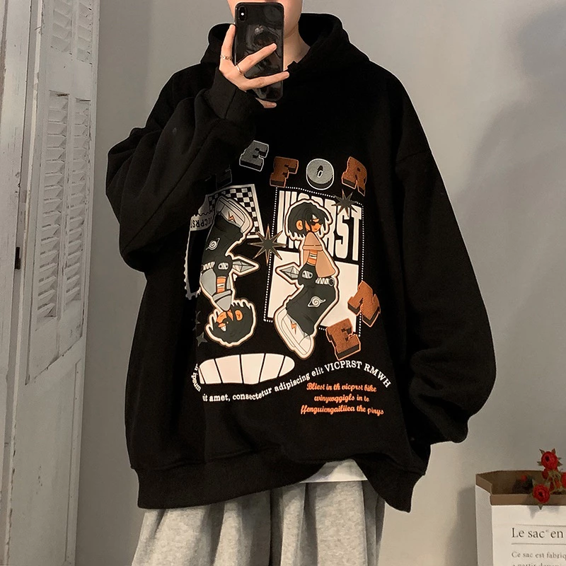 Áo hoodie trùm đầu nam mùa thu đông hoạt hình anime in hình cặp đôi áo rời kích thước lớn áo khoác dày