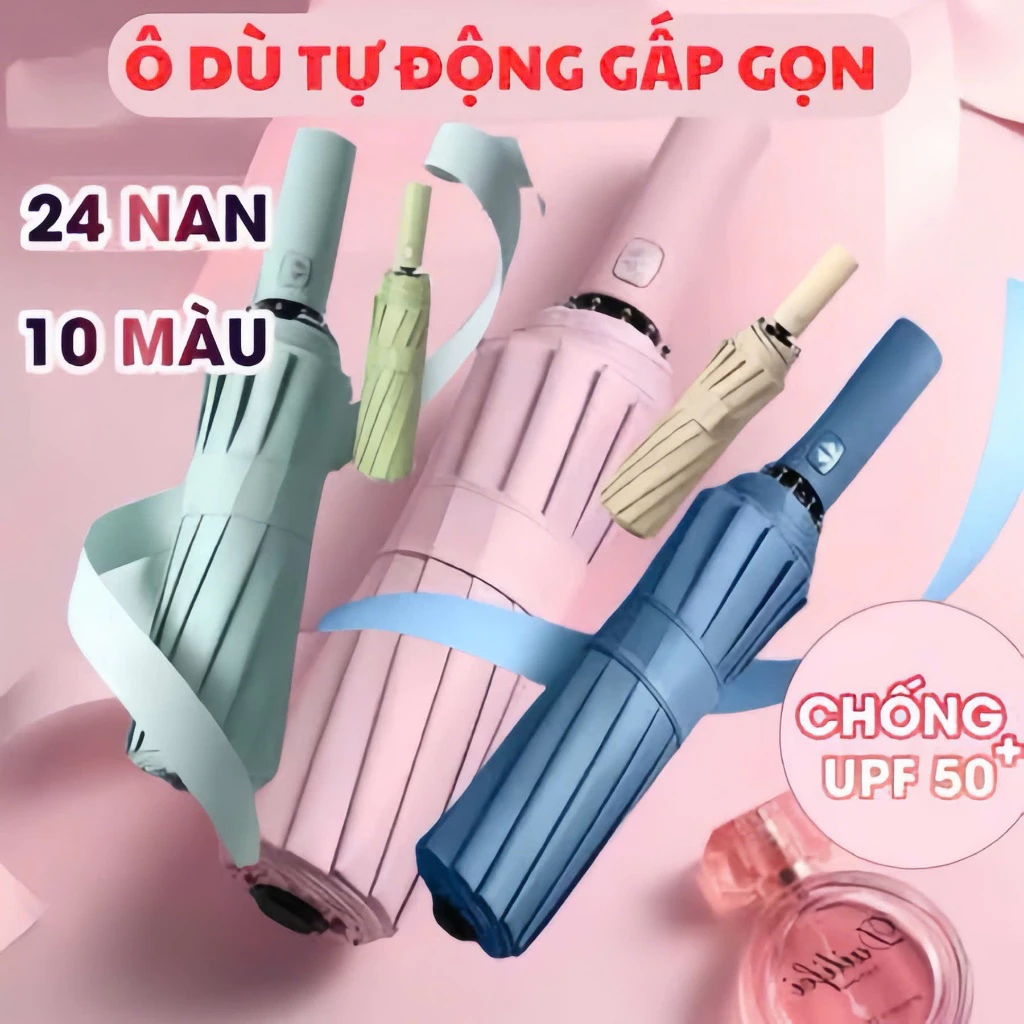 (DÙ 24 NANG) Dù Gấp Gọn Tự Động Chống Tia UV, Ô Dù 24 Nan Kép Che Mưa Che Nắng Thiết Kế Nhỏ Gọn