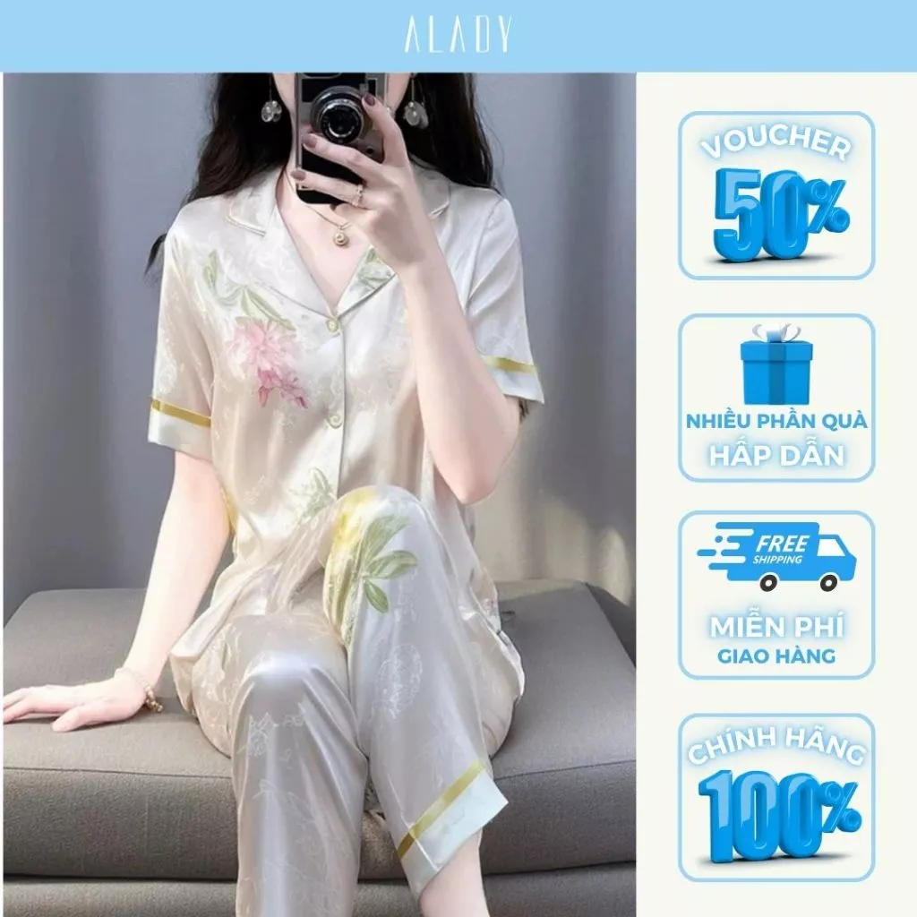 Đồ nữ Pijama ALADY lụa Latin cao cấp, sang trọng họa tiết hoa cộc tay - TN018