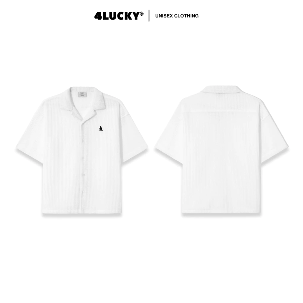 Áo Sơ Mi Cuban Form Boxy Unisex 4Lucky 6812, Sơ Mi Tay Ngắn Vải Dệt Ô Thêu Ngực Trẻ Trung Năng Động