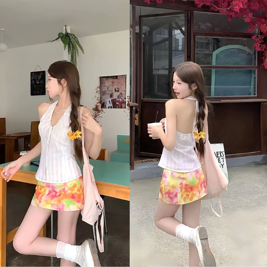 Set Áo Cổ Yếm Hở Lưng Phối Chân Váy Hoạ Tiết Cam Nổi Bật, Set Đồ Đi Biển Đi Chơi Sang Chảnh Hiện Đại Nữ Tính Cho Nàng