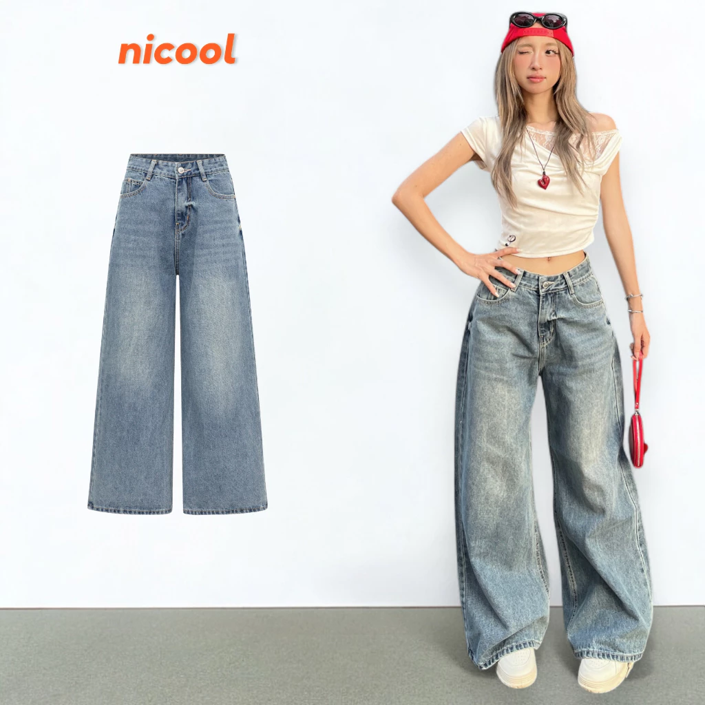 Quần Jean Nữ Ống Suông Rộng NICOOL Lưng Cao Quần Bò Dài Nhấn Wash Form Rộng Che Khuyết Điểm N41-Q65