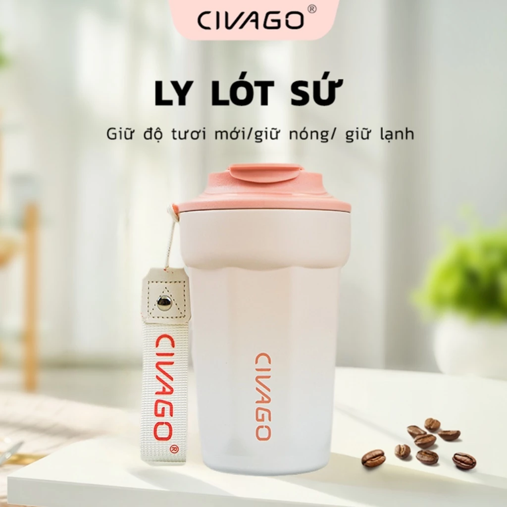 CIVAGO CỐC CÀ PHÊ GIỮ NHIỆT 400ml THÀNH TRONG LÓT GỐM, GIỮ NHIỆT GIỮ LẠNH, NẮP ĐẬY CHỐNG TRÀN 304 CHỐNG RỈ