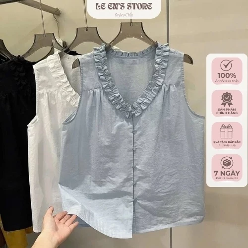 Áo Kiểu Sát Nách Cổ V Bèo Nhún Vải Đũi Xốp Nhăn Mềm Mát Thời Trang Hè Hàn Quốc - A3