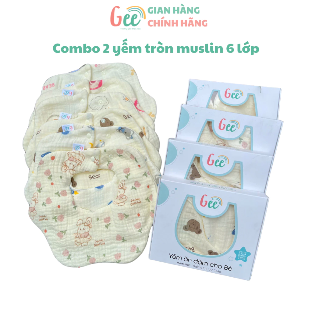 Yếm xô cho bé Gee, set 2 yếm tròn muslin 6 lớp xoay 360 độ, vải mềm mại, thấm hút, kháng khuẩn