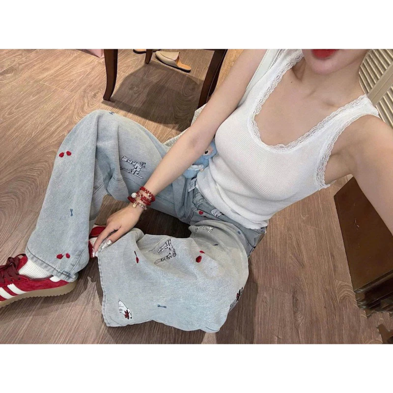 Quần jean nữ ống suông rộng QC thêu nấm dài 87cm + 97cm size SML Shop Nhí ( 7247 ) mèo dài ( S02 - Quần suông nấm )
