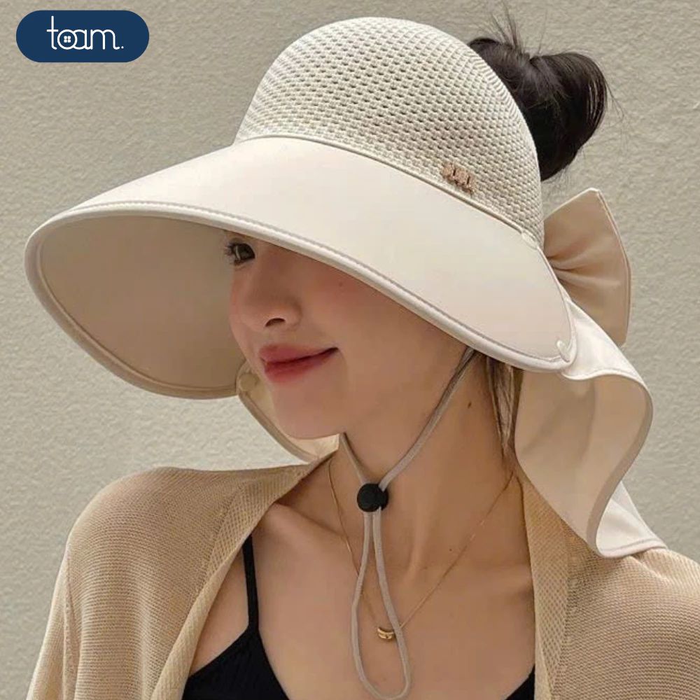 Mũ Nửa Đầu Nữ Vành Rộng Kèm Khăn Che Cổ, Mũ Chống Nắng Hàn Quốc Có Dây Thắt Nơ Thời Trang