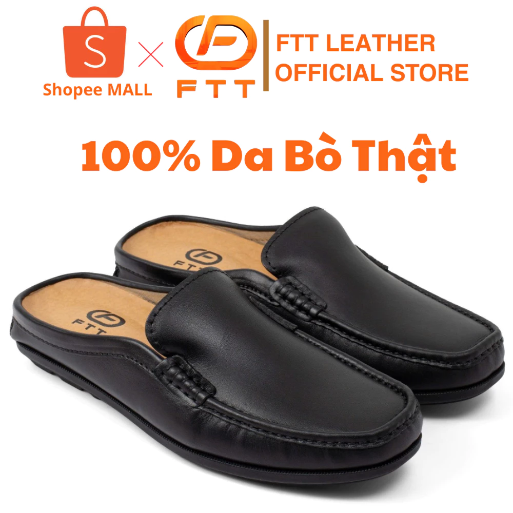 Giày sục nam da bò FTT Leather màu đen họa tiết trơn đơn giản, thanh lịch, thoáng mát F2330