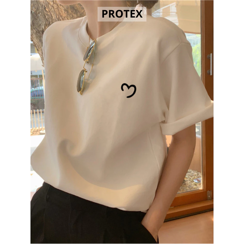 Áo Thun Form Rộng PROTEX Cotton Co Giãn 2 Chiều In Hình Trái Tim Trước Ngực Thoáng Mát Dễ Phối Đồ