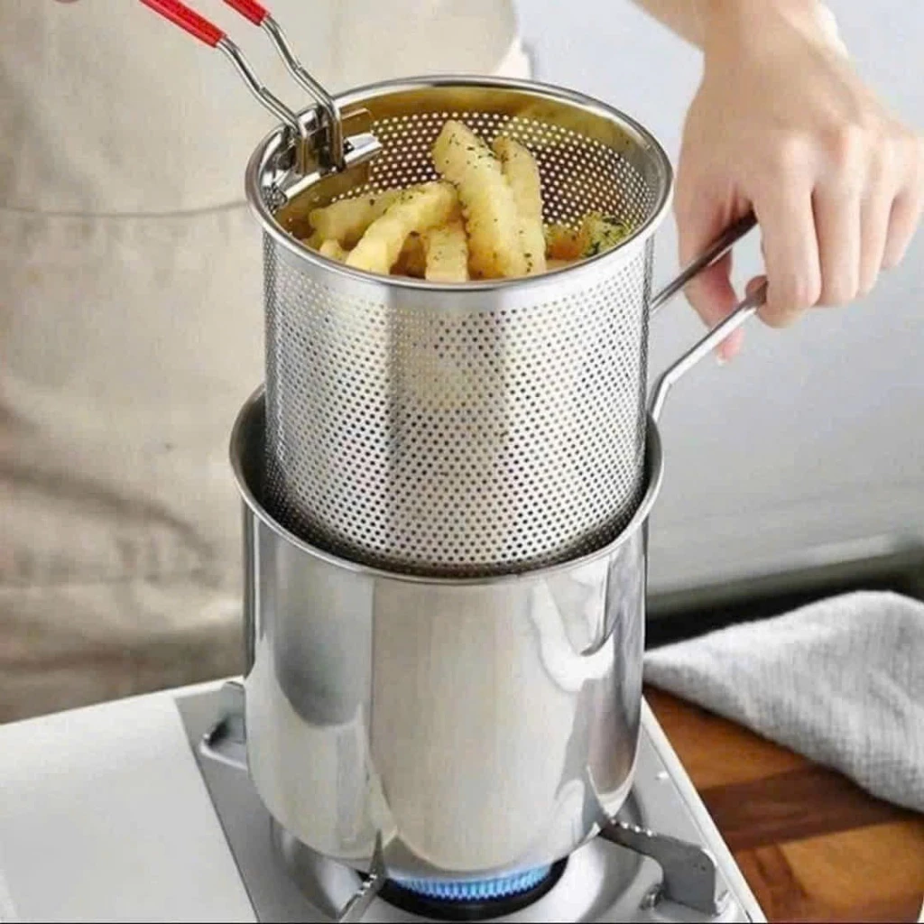 Nồi Chiên Ngập Dầu Mini Inox 304  - 1.2L Kèm Rổ Lọc Dầu, Dùng Được Bếp Từ, Tiết Kiệm Dầu