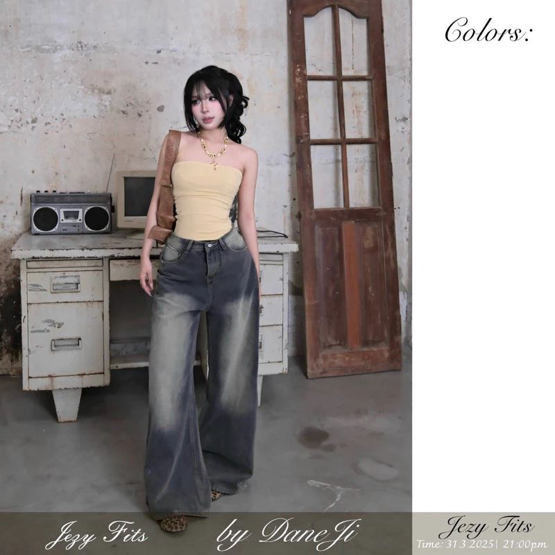 [ 𝐉𝐄𝐙𝐘 𝐅𝐈𝐓𝐒 ] Set áo ống vàng bơ - Quần Jean đen rêu khói ống rộng form suông
