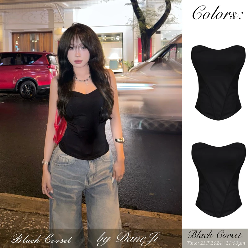 [𝐁𝐋𝐀𝐂𝐊 𝐂𝐎𝐑𝐒𝐄𝐓 ] Áo Corset cup vạt bầu, khoá kéo sau lưng- Daneji