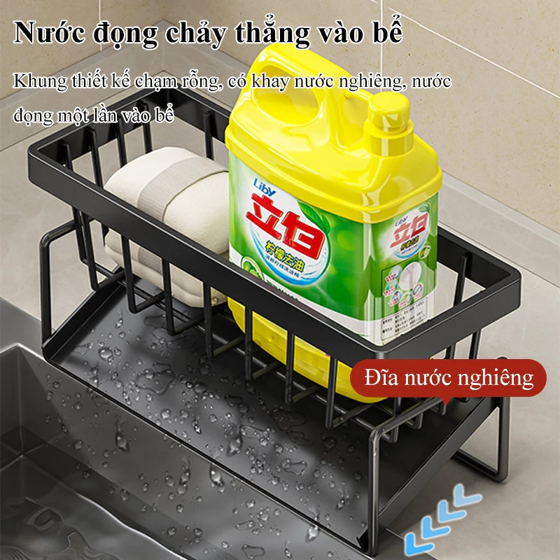 Kệ đựng đồ rửa chén bát, giá để giẻ rửa chén trên bồn có khay hứng nước nghiêng Tiện dụng