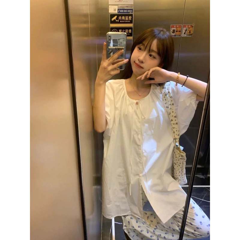𝑶𝒏𝒊.𝑺𝒉𝒐𝒑_Áo Sơ Mi  Trắng Cộc Tay Dáng Rộng Basic Thắt Nơ Cổ Tròn Hàng QC Loại 1